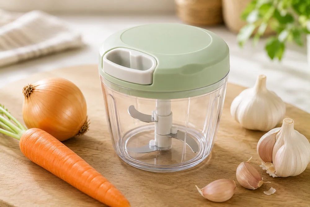 Hachoir rotatif sur une planche entouré d'un oignon, d'une carotte et d'ail
