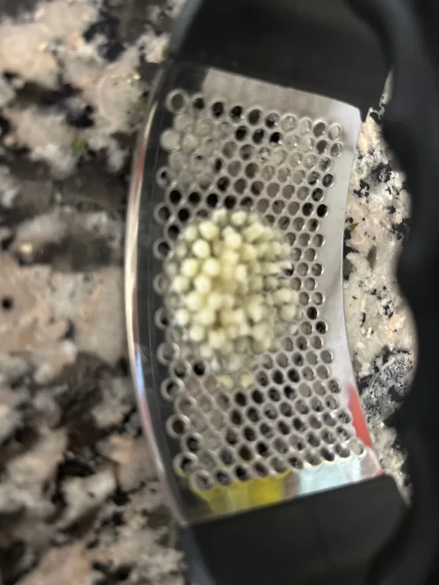 Ail écrasé visible à travers la plaque perforée d'un presse-ail à bascule inox, posé sur un plan de travail en granit — photo d'un acheteur vérifié